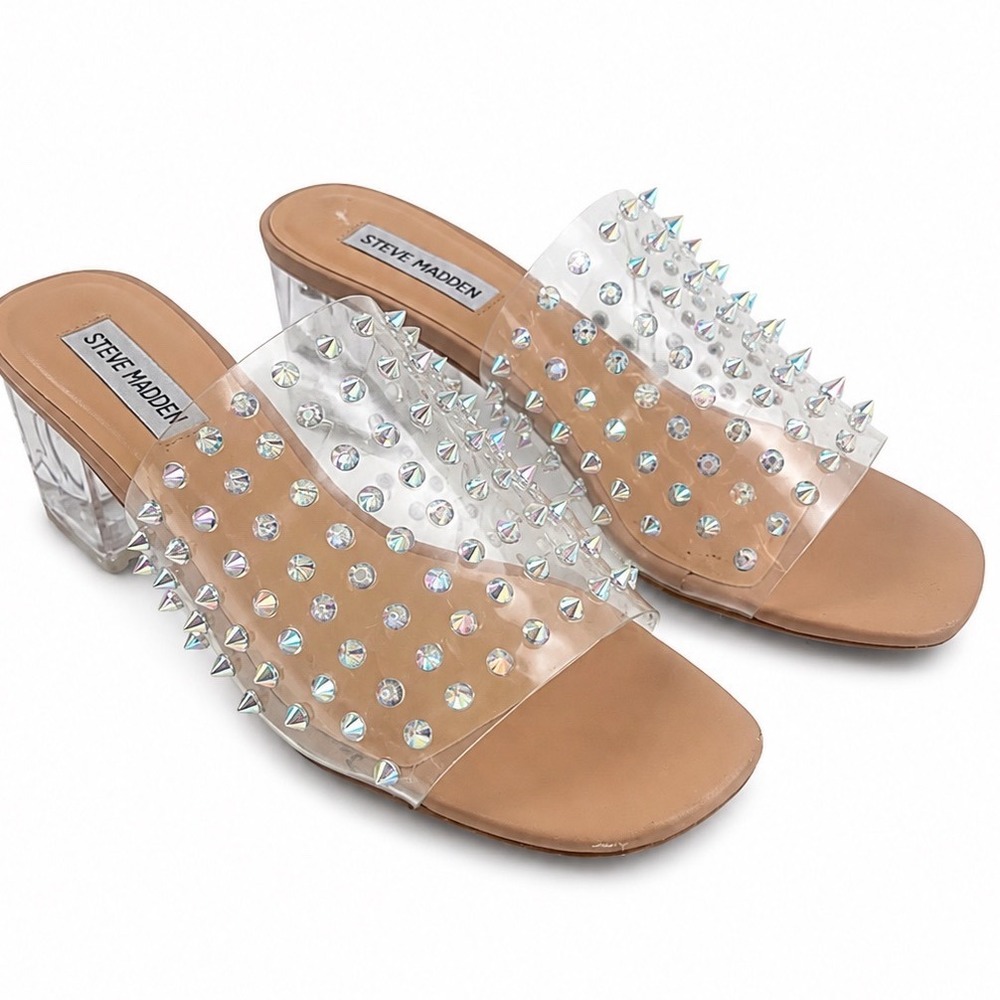 Steve Madden Glam Y2K Veevee Clear Studded Slide Lucite Heels Women's Size 8M